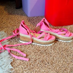 Pink lace up platform sandals